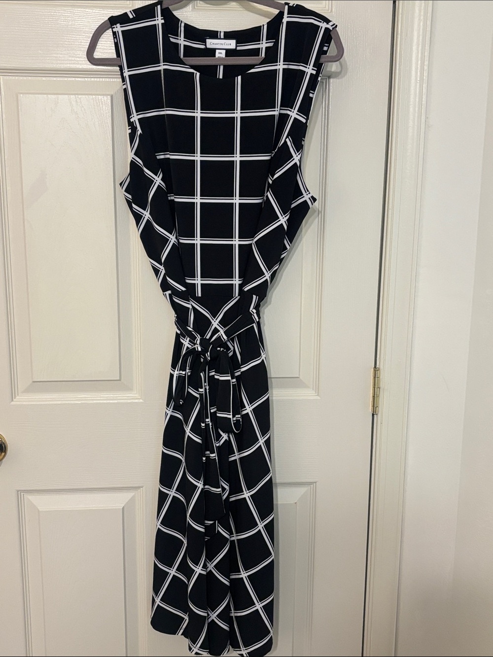 Charter Club Black & White Windowpane Stretch Tie-Waist Midi Dress XXL